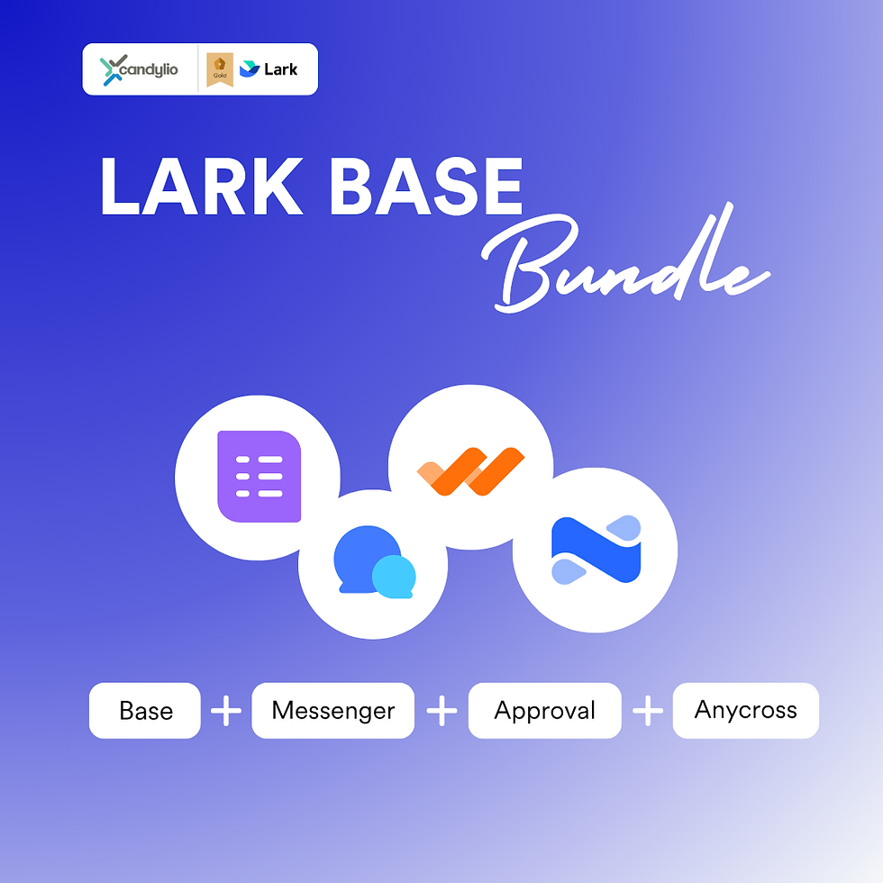 Lark Base Bundle ad with logos for Base, Messenger, Approval, Anycross on a blue gradient background. Text: Base + Messenger + Approval + Anycross.