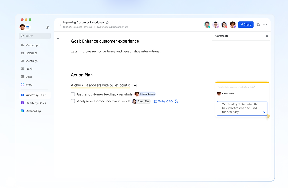 Giao diện tài liệu “Improving Customer Experience” với mục tiêu, checklist, khung bình luận và nút Share màu xanh.