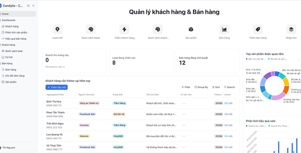 Hình chụp giao diện Lark Base dạng App, mô tả về hệ thống quản lý CRM