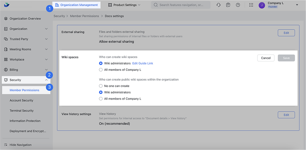 Admin panel showing member permissions for wiki spaces. Options include wiki admins and all members of Company L. Gray and blue theme.