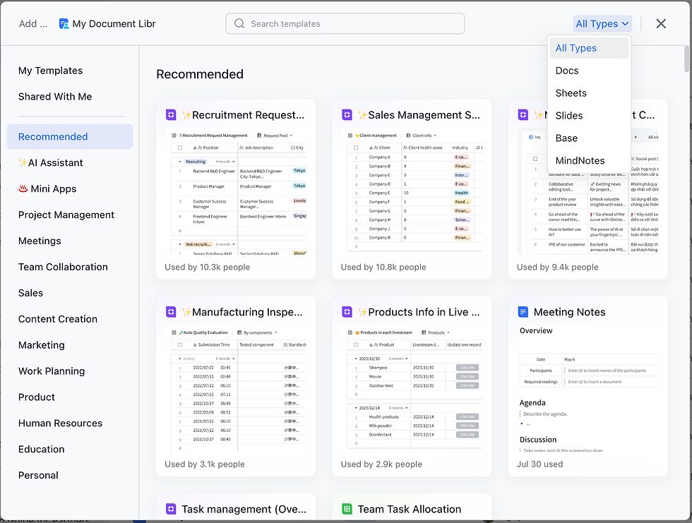 Thư viện mẫu tài liệu với lưới template, menu lọc All Types mở, thanh bên danh mục và ô tìm kiếm trên nền trắng.