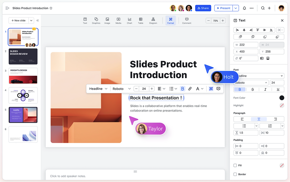Giao diện chỉnh sửa slide với tiêu đề Slides Product Introduction, ảnh nền cam, thanh công cụ và bình luận Holt, Taylor trên màn hình
