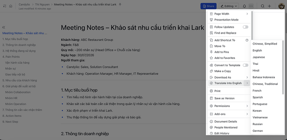 Ảnh chụp màn hình tài liệu Lark bằng tiếng Việt, menu ba chấm mở với tùy chọn dịch sang nhiều ngôn ngữ, nền là ghi chú họp dự án Lark.