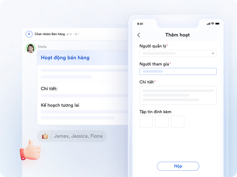 Giao diện màn hình với nhóm chat "Hoạt động bán hàng", biểu tượng ngón tay cái và form điền "Thêm hoạt". Các ô trống và nút "Nộp".