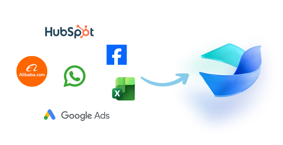 Các biểu tượng và logo của HubSpot, Facebook, Alibaba, WhatsApp, Excel, Google Ads kết nối với biểu tượng xanh, mũi tên xanh chỉ hướng.
