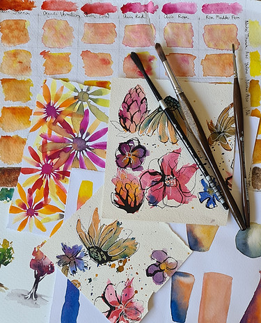 small watercolour paintings colour tests and flowers painted in the Adults watercolour art class in the Adelaide hills