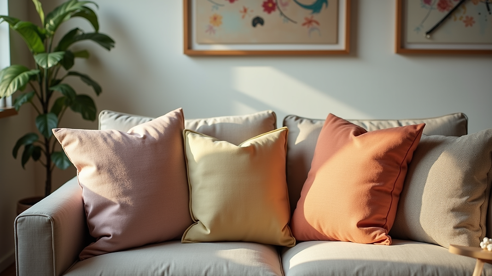 Eye-level view of a cozy family living room with colorful cushions