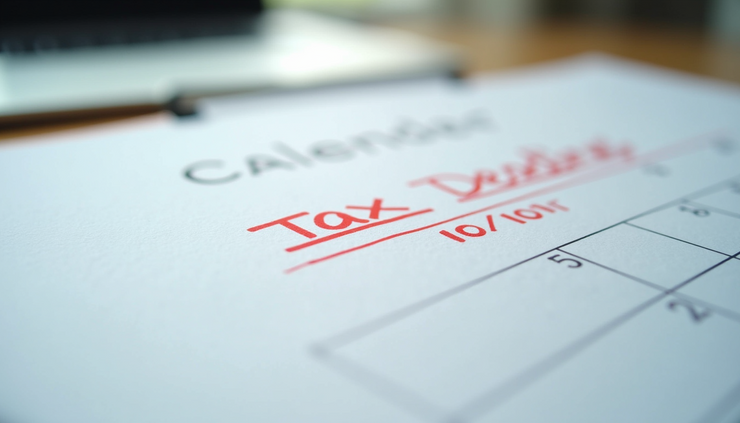 Close-up view of a calendar marked with tax deadlines and reminders