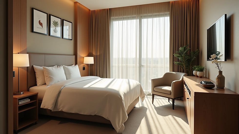 High angle view of hotel room with sustainable decor and amenities