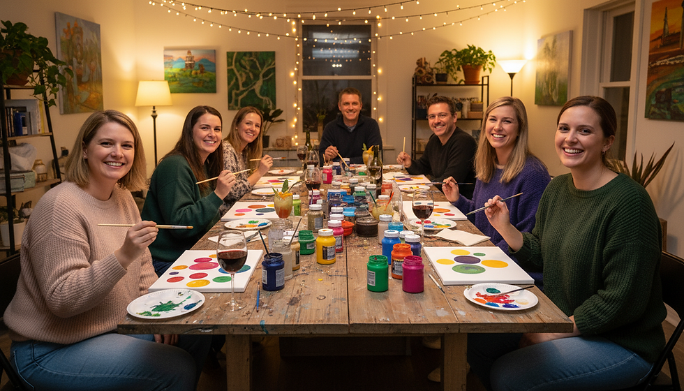 A group of people sitting around a table at a Sip and Paint party