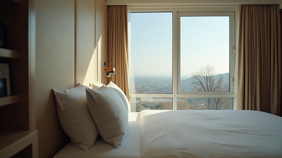 close-up view of hotel room with bed and window