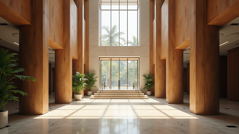 Eye-level view of hotel lobby with modern design