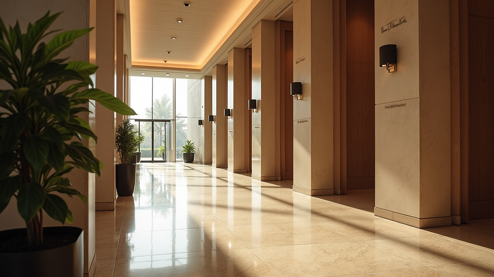 eye-level view of hotel lobby with modern design
