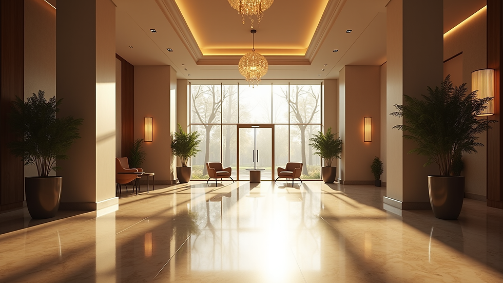 Eye-level view of hotel lobby with modern decor
