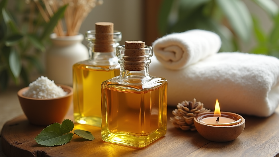 close-up view of aromatic massage oils and herbal compress