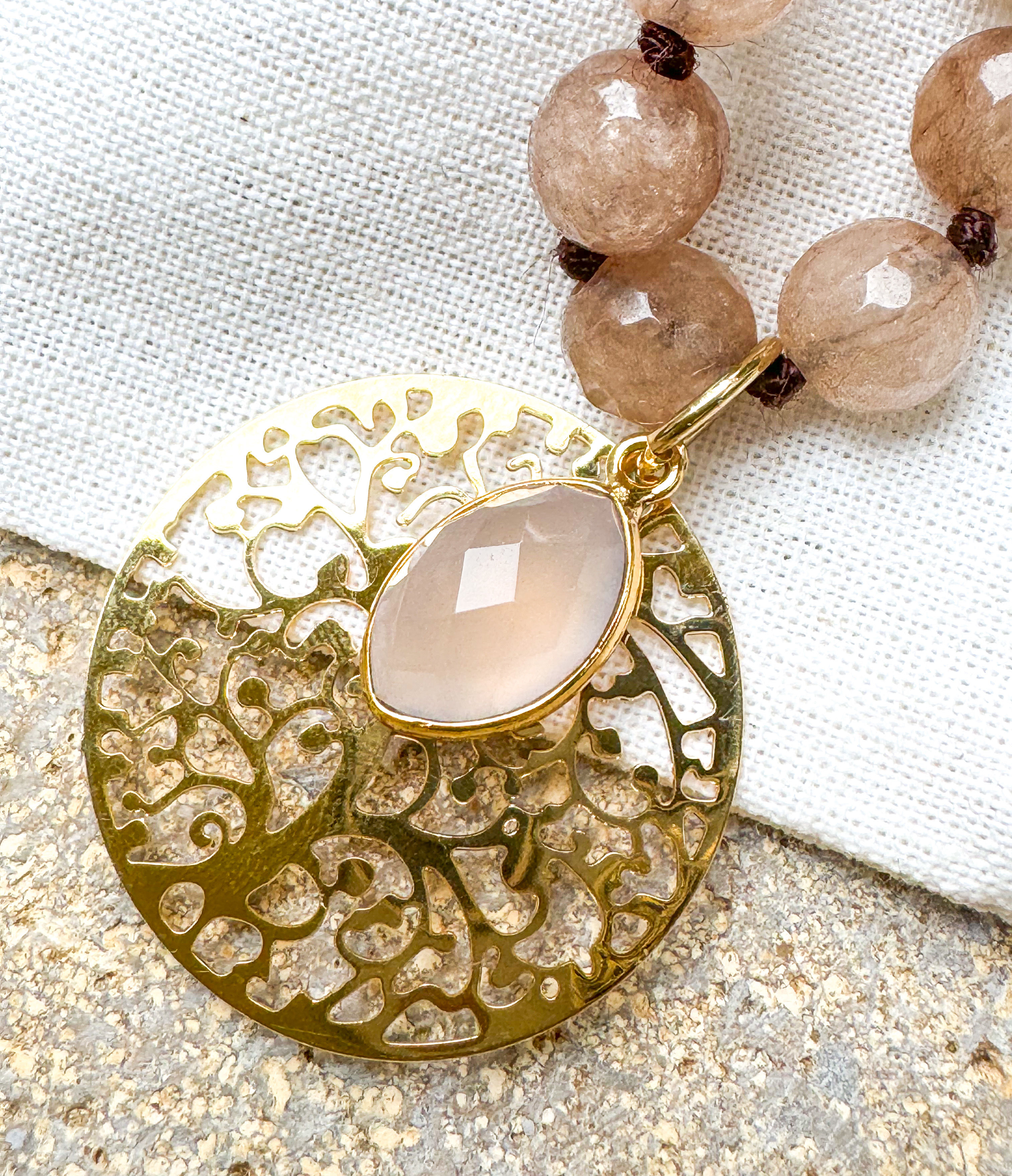 Sautoir Arbre de vie Agate rose et Goutte Quartz rose