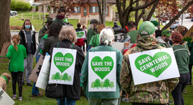 Three people from the back wearing signs "Save the Woods"
