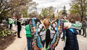 Woman from the back with colorful butterfly wings
