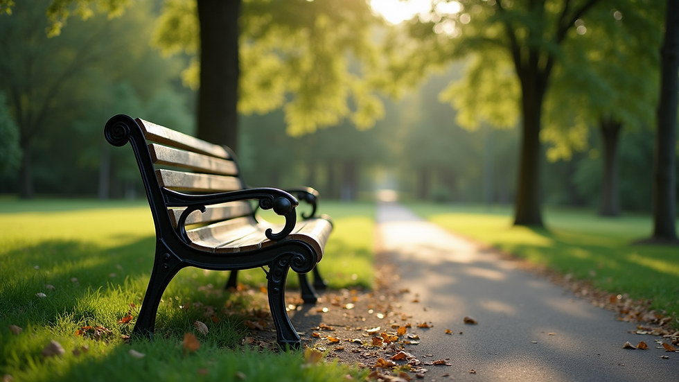 Wide angle view of a peaceful park bench surrounded by greenery