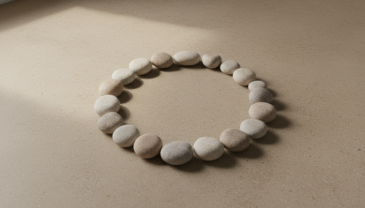 Wide-angle view of a circle of smooth stones on a plain floor.