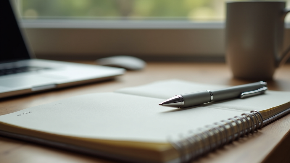 Close-up view of a journal and pen on a wooden desk, symbolizing self-reflection and progress tracking