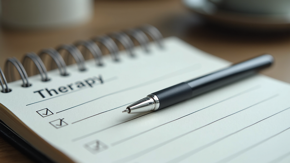Close-up view of a notebook with therapy notes and a pen
