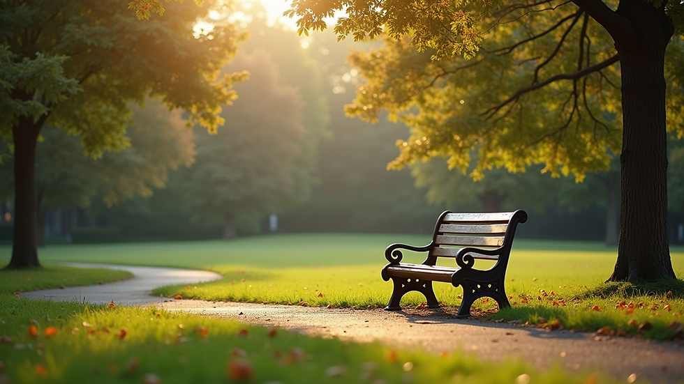 Wide angle view of a serene park with a peaceful bench