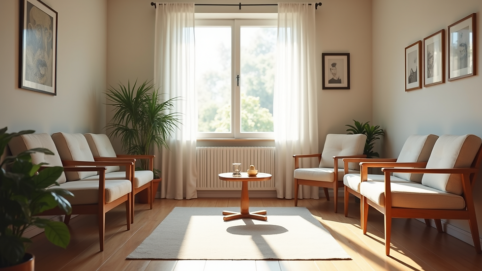 Eye-level view of a calm therapy room with comfortable chairs