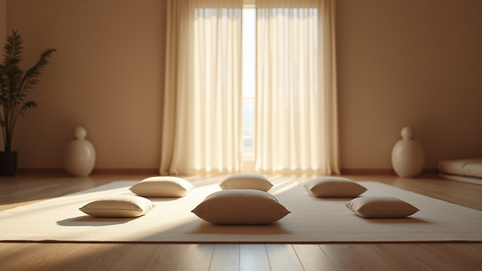 Eye-level view of a peaceful meditation space with cushions and soft lighting