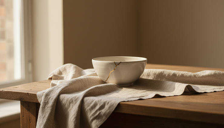 Eye-level view of a repaired ceramic bowl on a linen cloth.