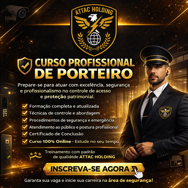 CURSO PROFISSIONAL DE PORTEIRO – Prepare-se para o Mercado de Segurança e Controle de Acesso

Entre para uma das áreas que mais cresce no setor de segurança privada e atendimento ao público! O Curso Profissional de Porteiro foi desenvolvido para capacitar você com conhecimentos teóricos e práticos essenciais para atuar com excelência, postura profissional e responsabilidade.

Durante o curso, o aluno aprenderá técnicas modernas de controle de acesso, identificação e abordagem de visitantes, procedimentos de segurança, comunicação profissional, postura e apresentação pessoal, prevenção de riscos, rotinas condominiais, atendimento ao público e noções de vigilância patrimonial. Além disso, o treinamento aborda situações reais do dia a dia, preparando o profissional para agir com segurança, educação e eficiência.

O mercado busca profissionais qualificados, preparados para transmitir confiança, organização e proteção. Este curso é ideal para quem deseja ingressar na profissão.