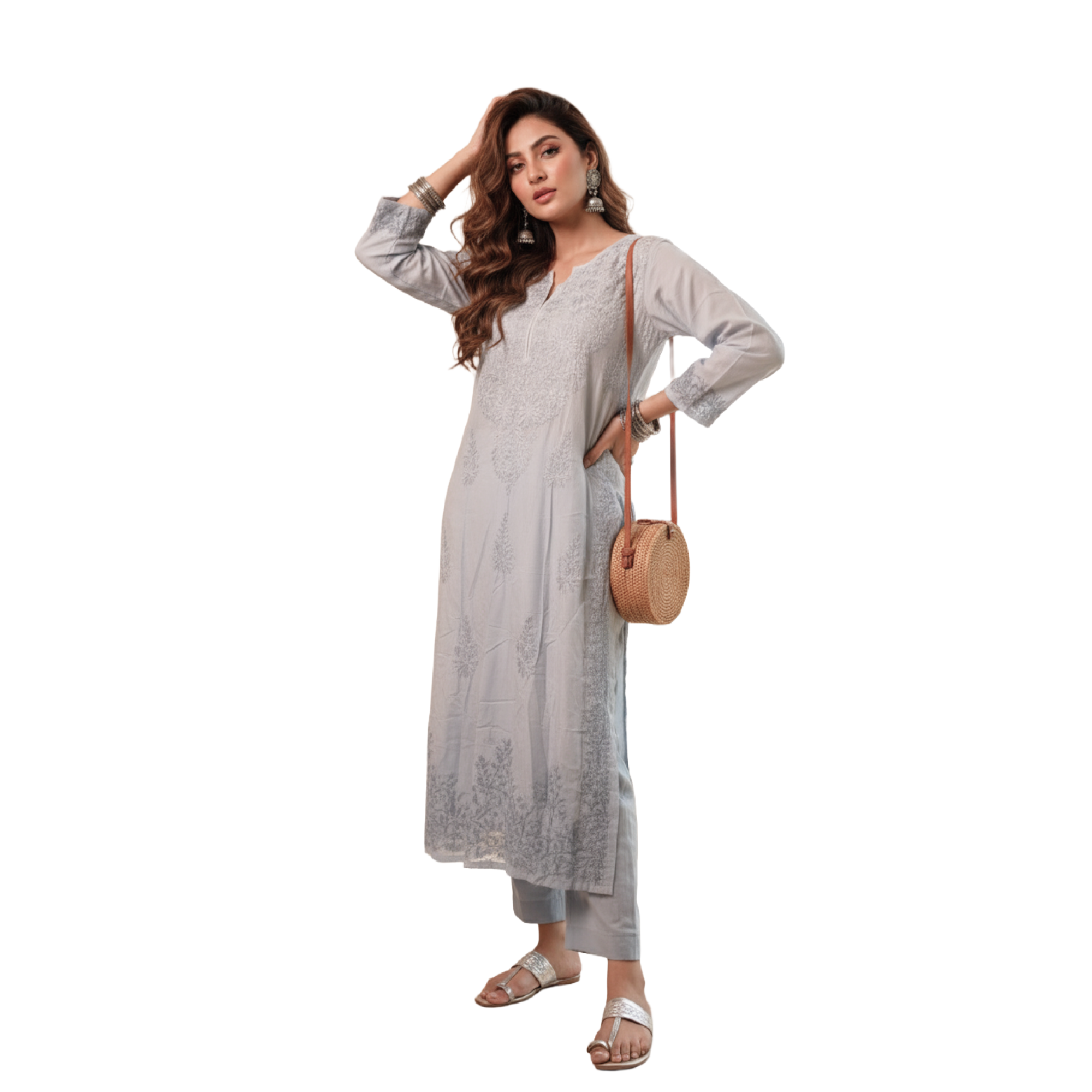 GREY OMBRE KURTA PANTS CHIKANKARI SET