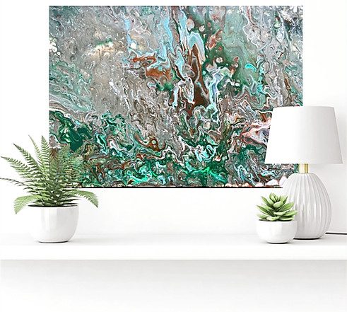 Hand-painted abstract artwork on canvas, created with acrylic paints, pouring and palette knife technique, earth and natural colours