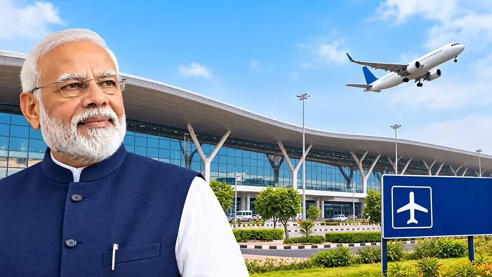 জেওয়ার বিমানবন্দরের সামনে নরেন্দ্র মোদি ও আকাশে উড়ন্ত বিমান