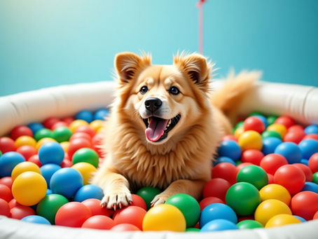A dog with a fluffy golden coat in a vibrant ball pit