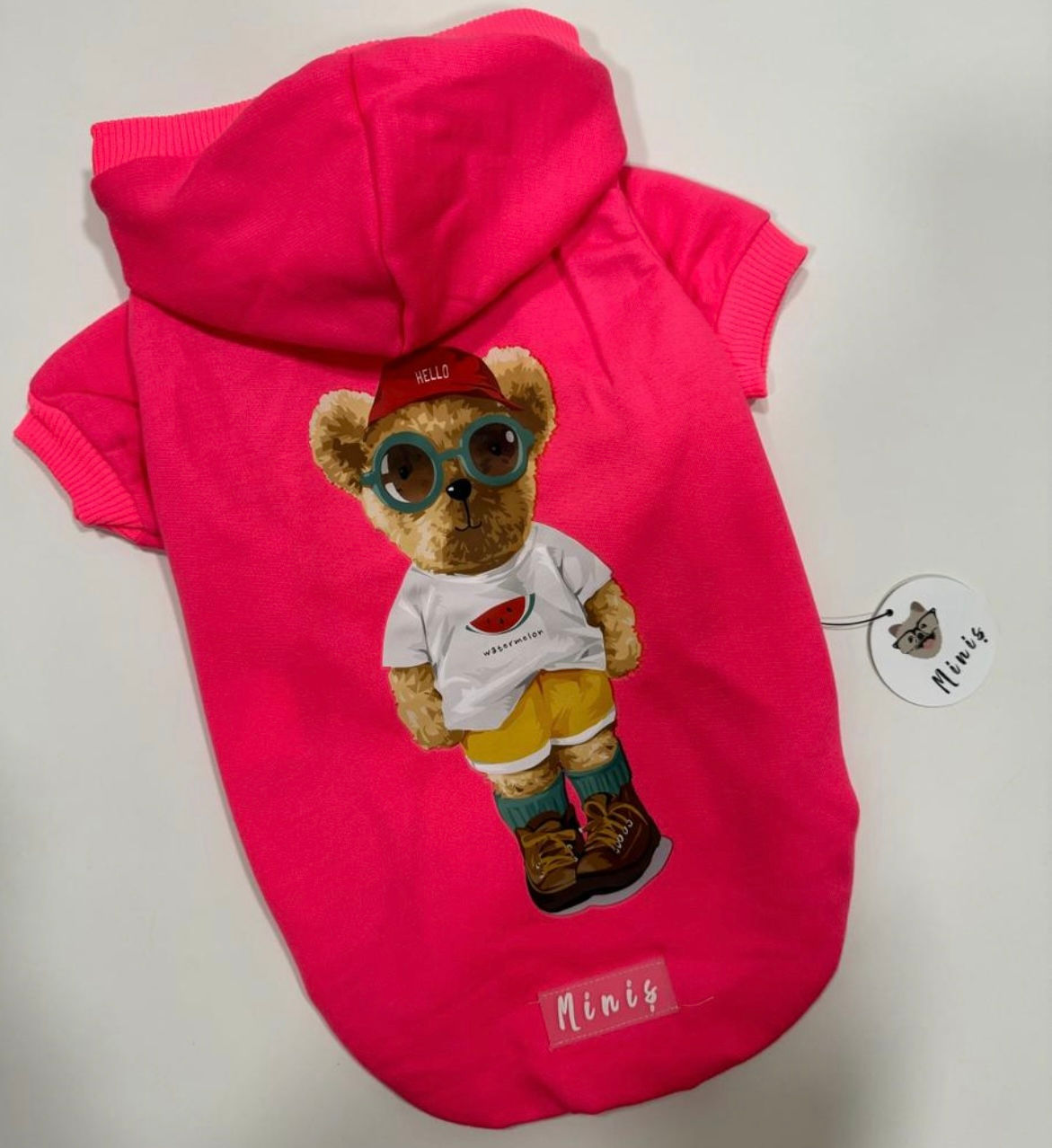 KAPŞONLU NEON PEMBE MELON AYICIK BASKILI SWEATSHİRT