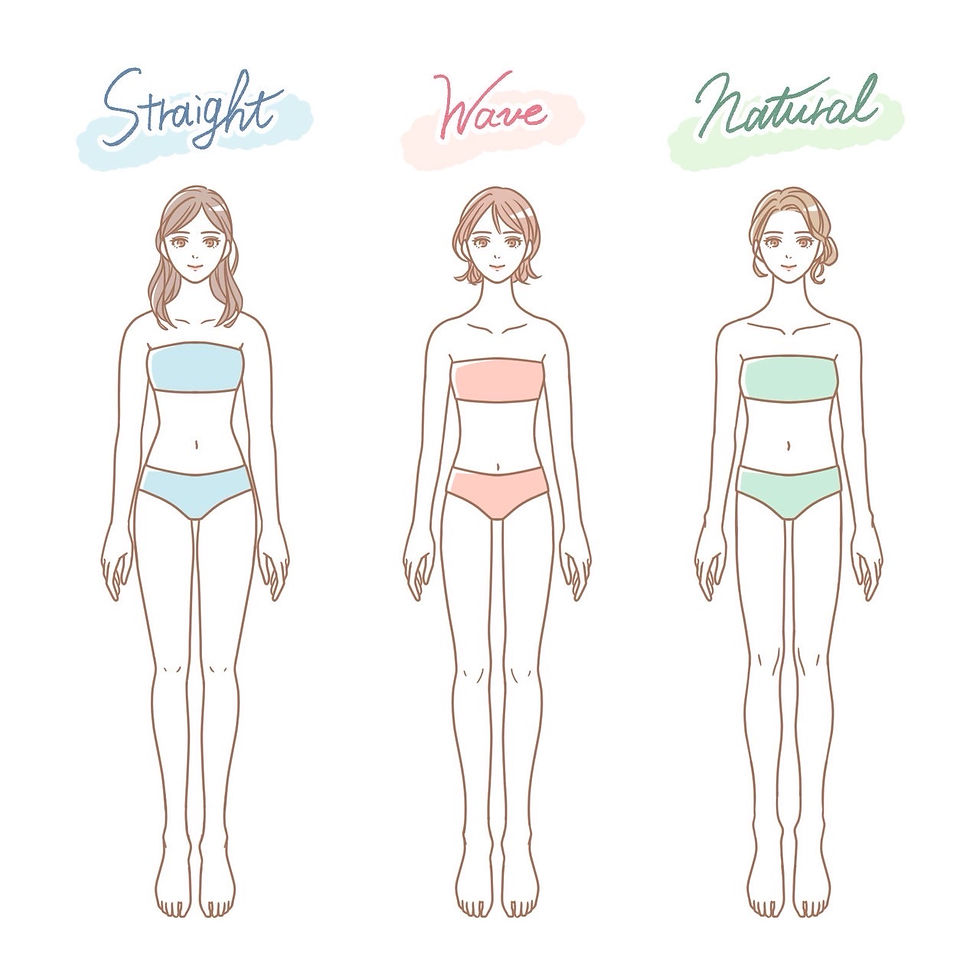 alt="骨格診断の3タイプ『ストレート』『ウェーブ』『ナチュラル』の体型イラスト。福岡・天神のTIENA BEAUTY Smart Salonで行う骨格診断の参考図。"