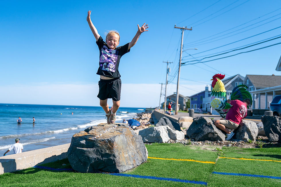 Pyper LeBlanc, 6, poses with a rooster near Wells Beach in Maine. 