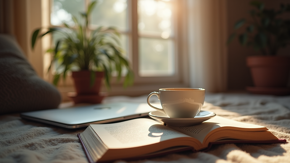 Eye-level view of a cozy reading nook with a laptop and a cup of coffee