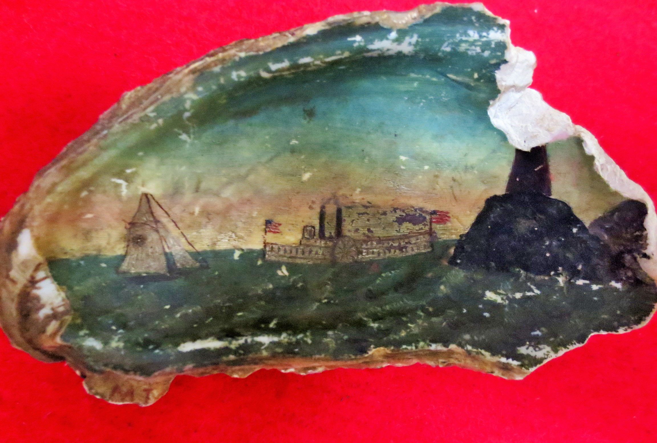 Civil War painting of a ship in an oyster shell!