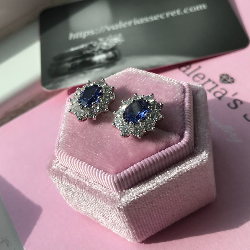 Thumbnail: Cornflower Blue Sapphire 8x6mm 3ctw Diamond Halo Earrings