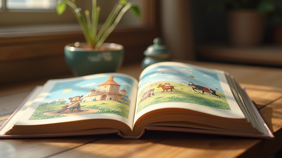 Eye-level view of a colorful illustrated storybook open on a table