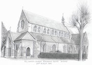 All Saints Church Reading pencil illustration on A4 card