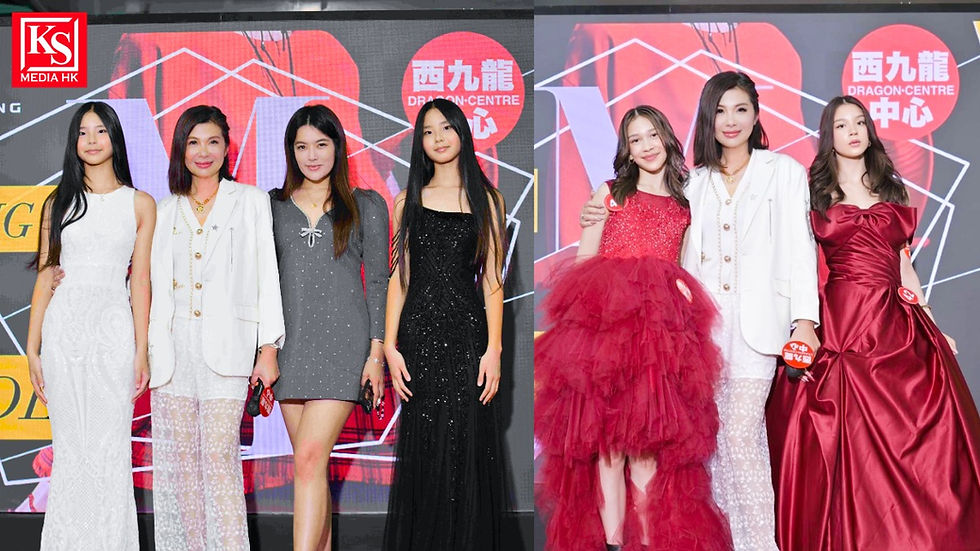 《Hong Kong's Next Top Model》大賽佳麗合照:雙胞胎姊妹費雲帆 Isabella、費雲霓 Isadora 身穿優雅黑白禮服(左圖),與專程由芬蘭飛抵香港參賽的姊妹花 Anki Karppinen、Viivi Karppinen 身著大紅澎裙與深紅綢緞晚禮服(right)在創辦人徐濤老師與嘉賓林寶玉帶領下於西九龍中心舞台背景前盛裝合影。