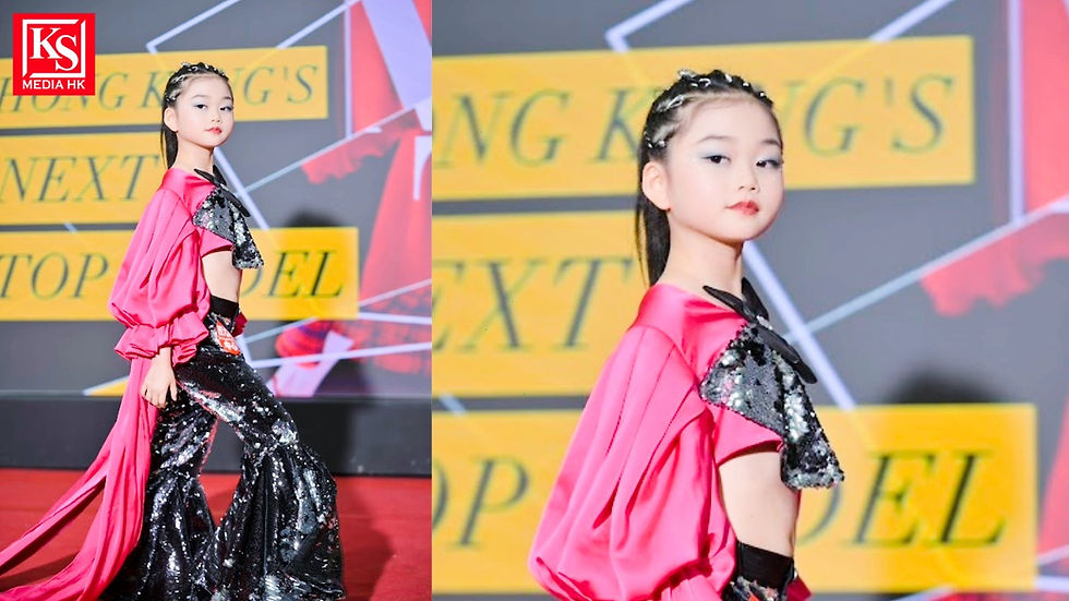 《Hong Kong's Next Top Model》初賽,大熱 8 歲雷腳綺 Fiona Lei 穿著桃粉色蓬袖上衣搭配黑色亮片喇叭褲,左圖為西九龍中心天橋走秀全身照,右圖為名模氣場回眸特寫