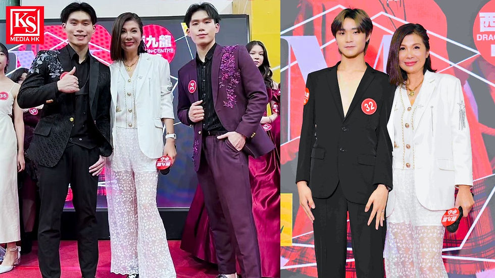 《Hong Kong's Next Top Model》大賽男模組焦點:雙胞胎兄弟佳麗蔡鴻彬 Lincon 與蔡鴻森 Watson 身穿黑金拼接與刺繡暗紫西服展示雙生美學(左);男模組冠軍盧駿諾則頂著金黑層次髮色,內搭深V剪裁黑西裝展現 Z 世代不羈氣場(右),與創辦人徐濤老師於舞台背板前盛裝合影。