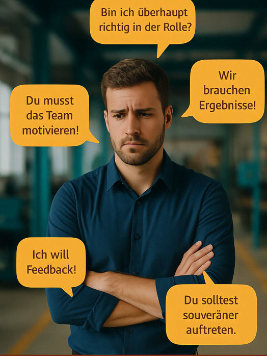 Illustration: Führungskraft im Zentrum verschiedener Erwartungen mit Sprechblasen aus Team, Geschäftsführung, Kolleg*innen und eigener Stimme