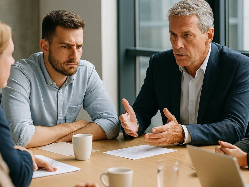Führungskraft Tobias sitzt im Meeting mit der Geschäftsführung und anderen Führungskräften - symbolisches Bild für hohe Erwartungen an Führungskräfte im KMU-Kontext