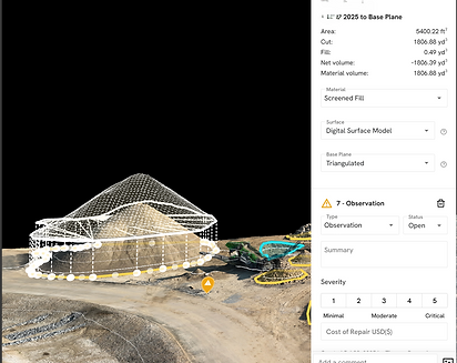 3D drone map showing stockpile measurements and cut/fill calculations for a construction site.
