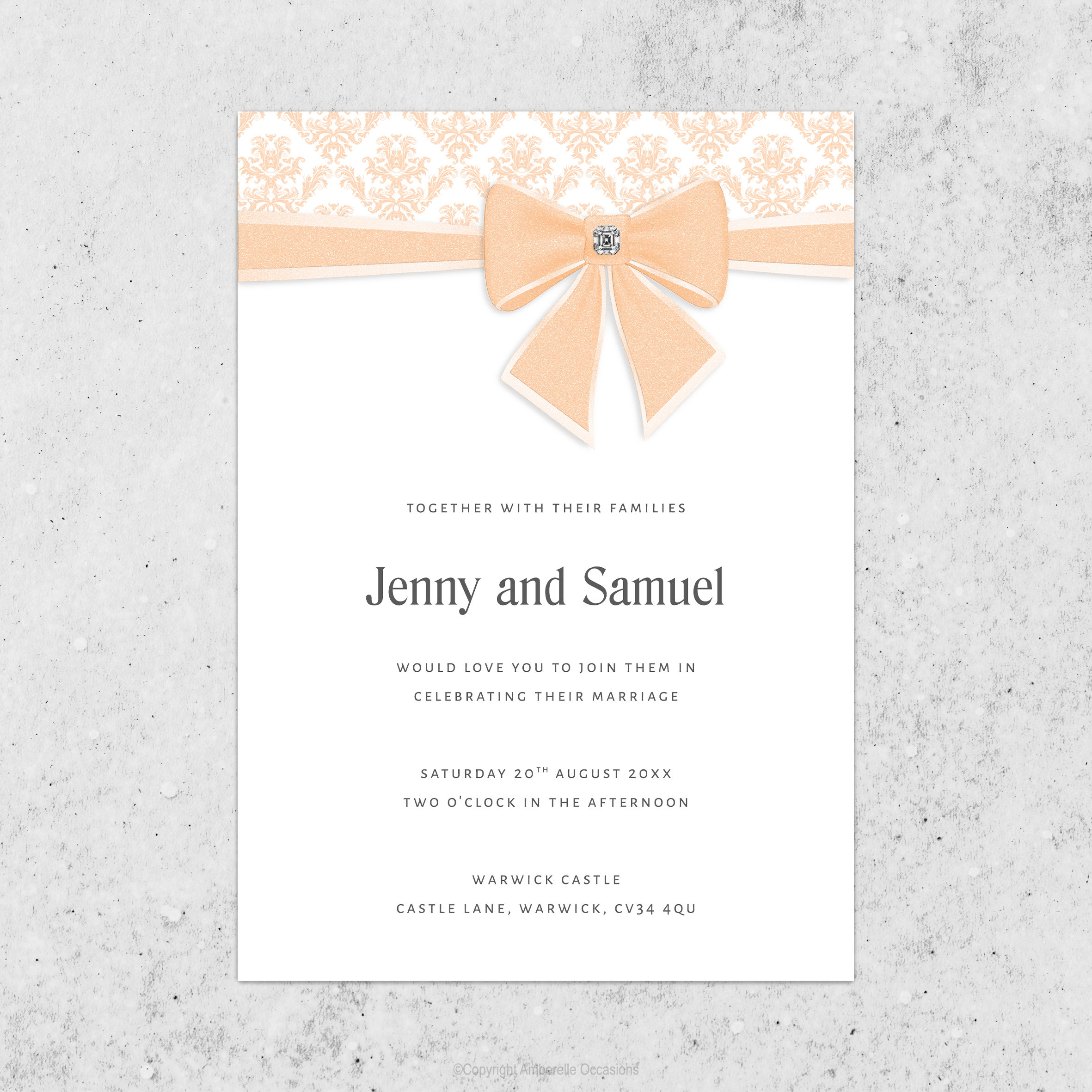 Evoke Elegant Diamante Bow Damask Wedding Invitation
